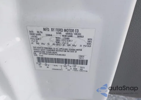 2007 Ford F-150 Xlt из США, поврежденный, VIN 1FTRW12W97KA45353